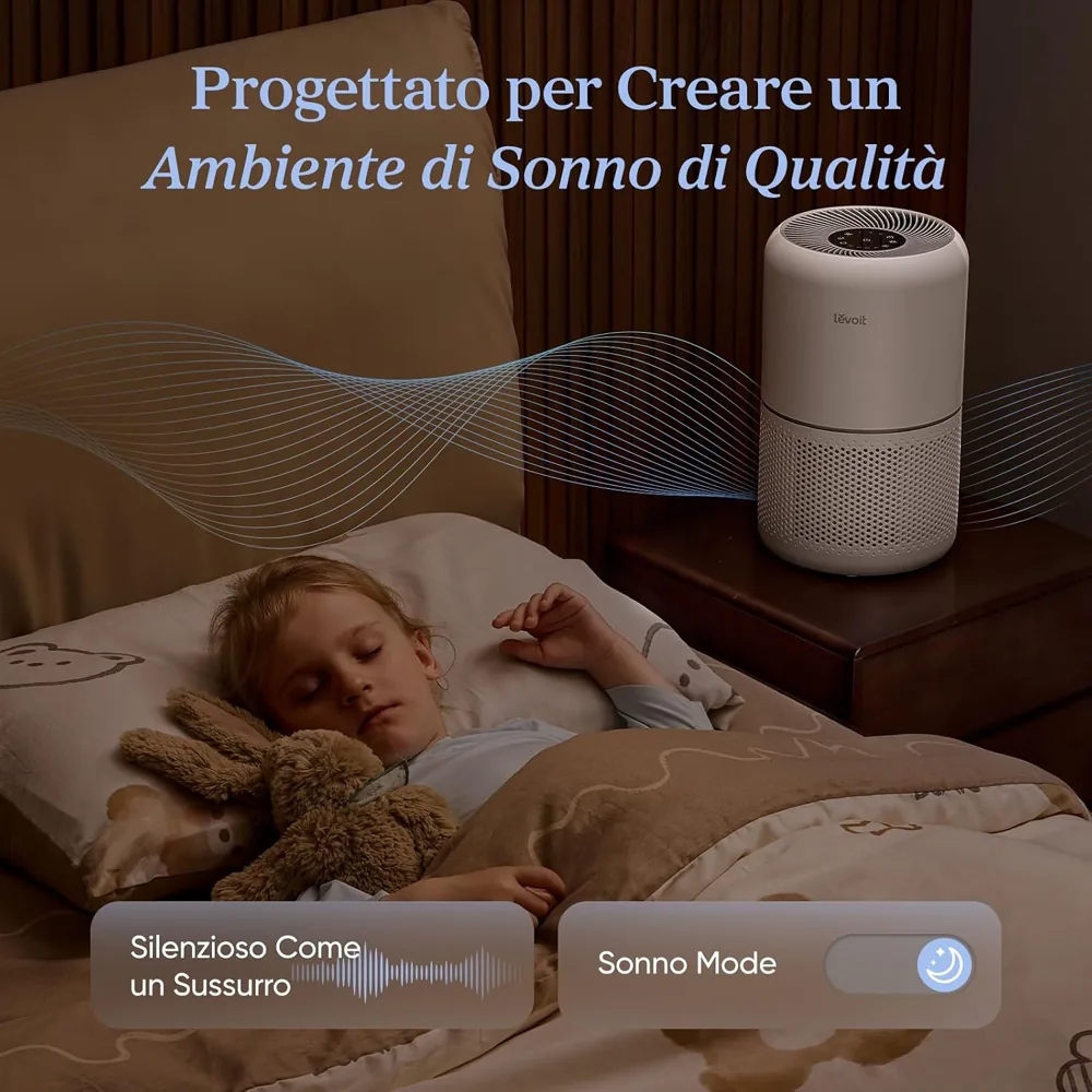 Infografica Levoit Core 300 con una bambina che dorme e la modalità Sonno attiva