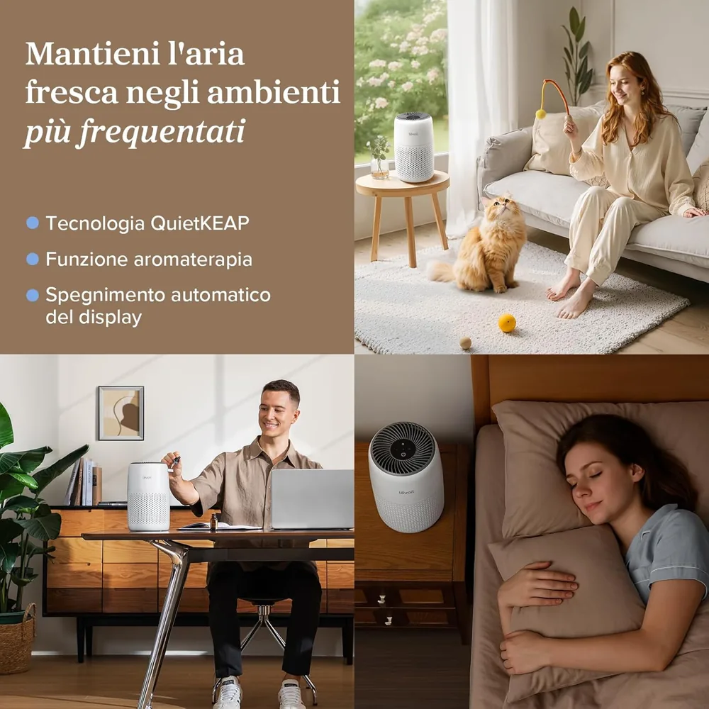 Levoit Core Mini sul comodino in un ambiente frequentato