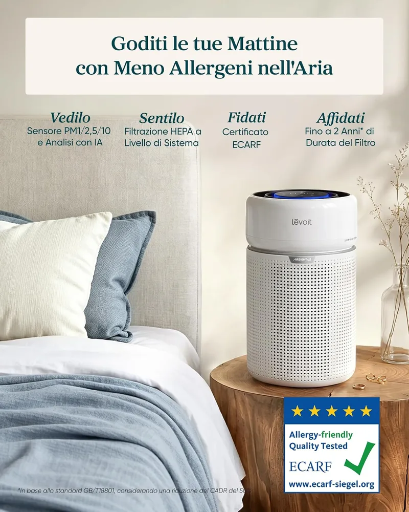 Levoit Eleva 300X sul comodino accanto al letto, con sensore PM1/2,5/10, filtrazione HEPA e certificazione ECARF