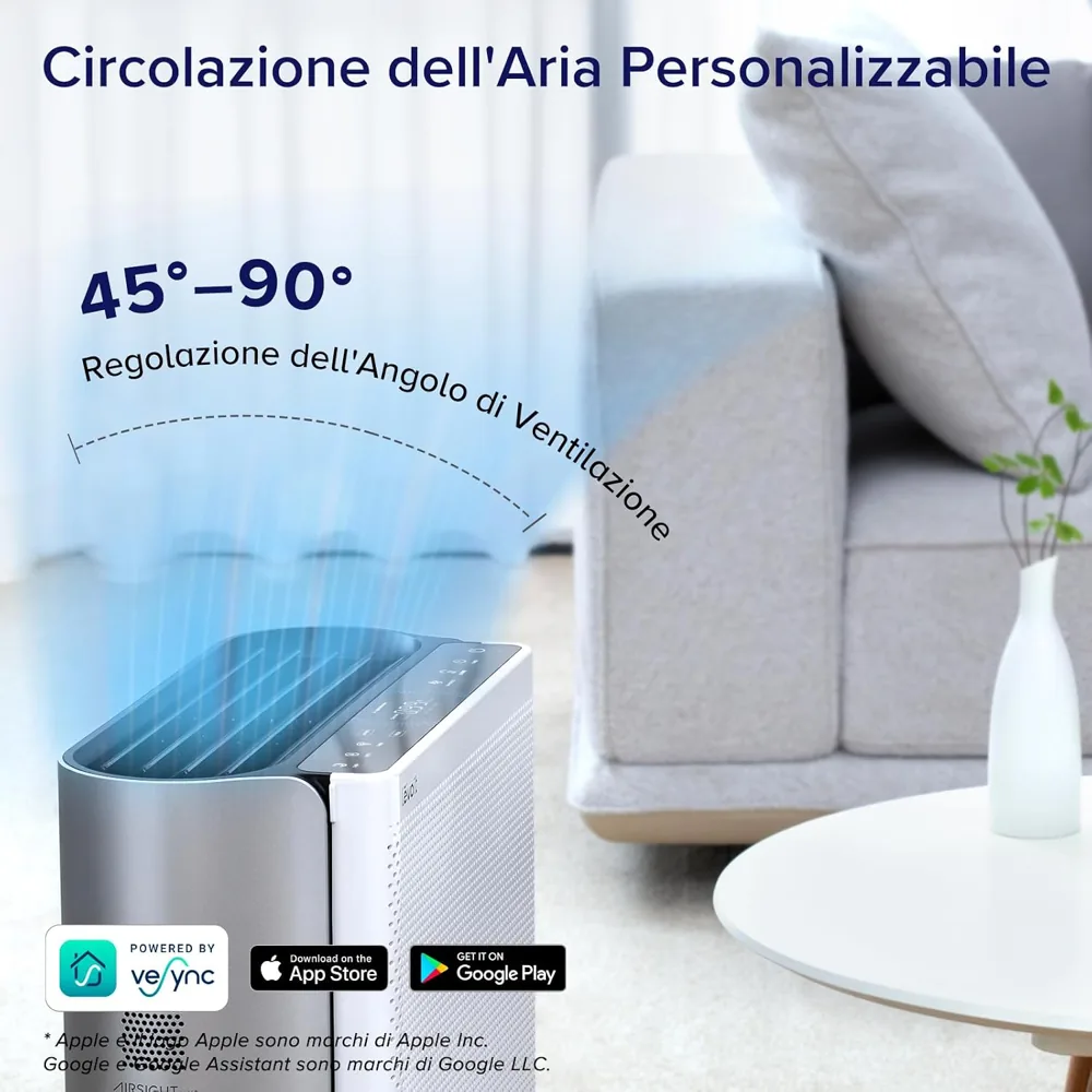 Infografica Levoit: regolazione dell'angolo di ventilazione dell'EverestAir tra 45 e 90 gradi