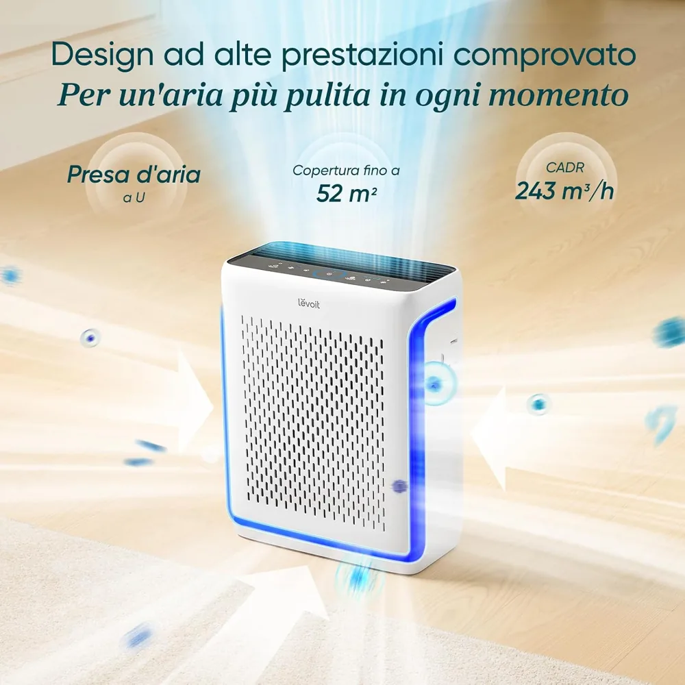 Infografica Levoit Vital 100S: presa d'aria a U, copertura fino a 52 m² e CADR di 243 m³/h