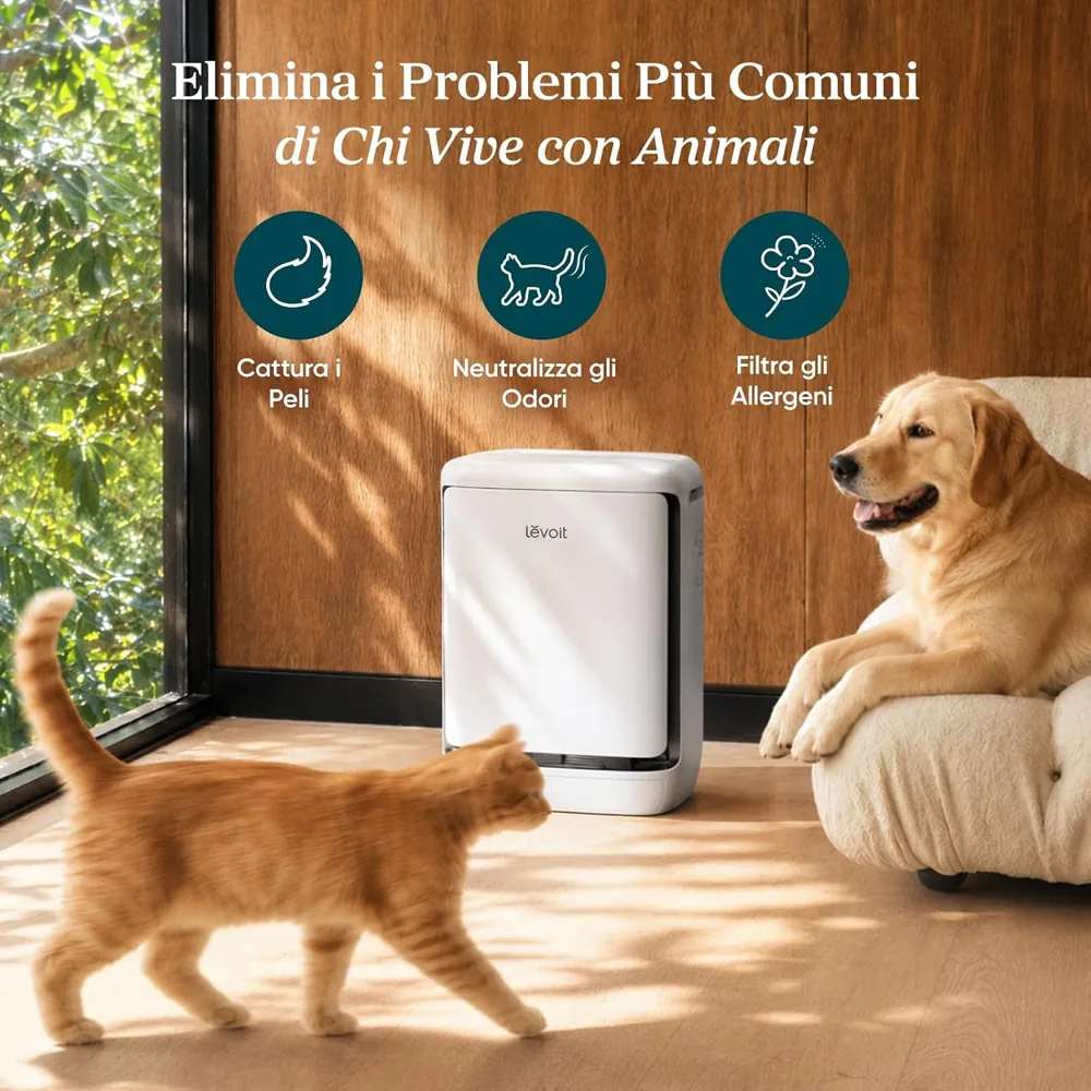 Infografica Levoit Vital Pet Pro con un gatto e un cane: cattura dei peli, odori e allergeni